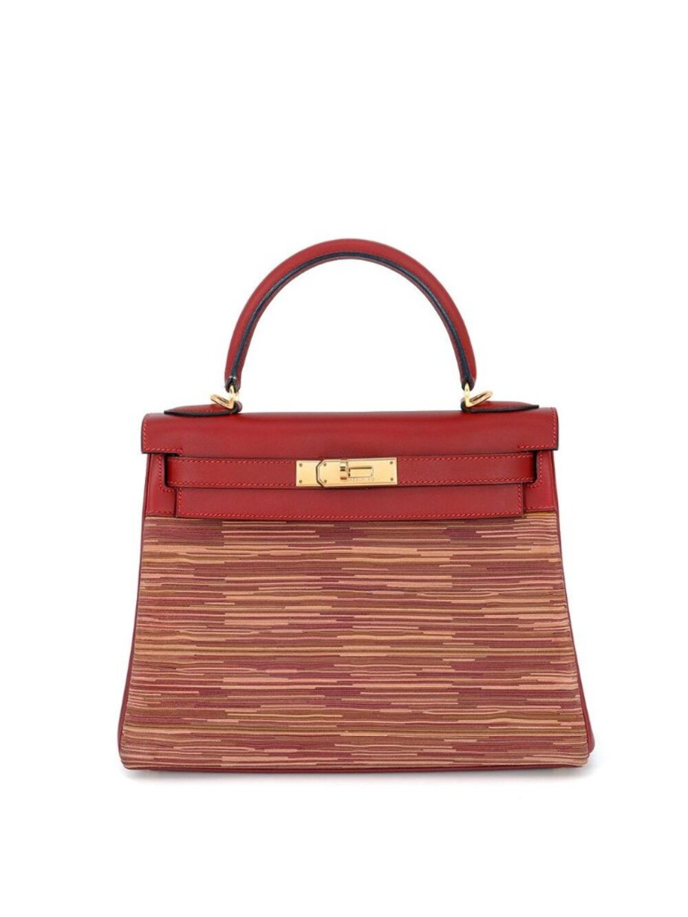 Hermes Handbag Kelly 28 Retourne Rouge Vif Multicolor Gold Vibrato Box Calf